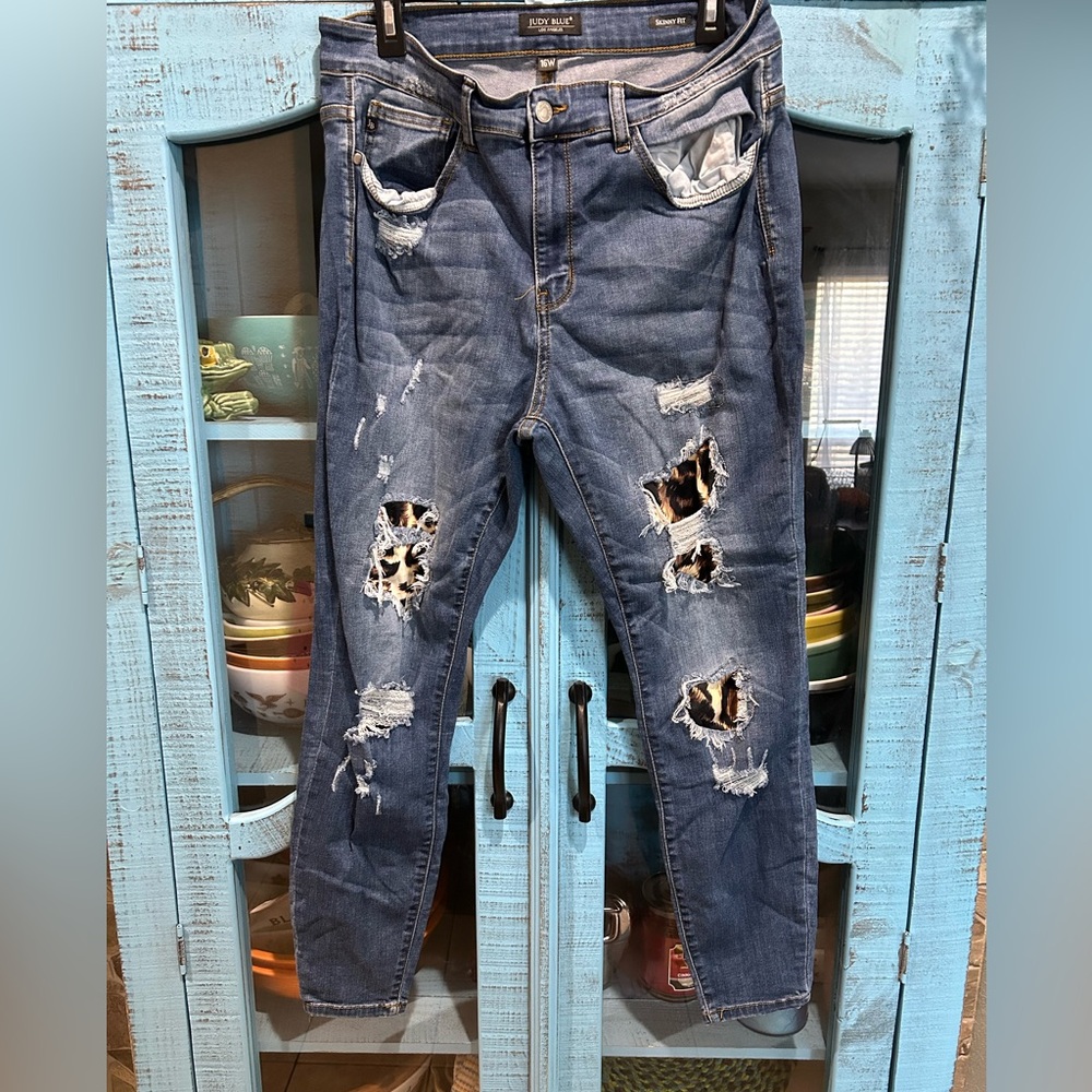 Judy Blue Blue Distressed Skinny Jeans with Animal Print